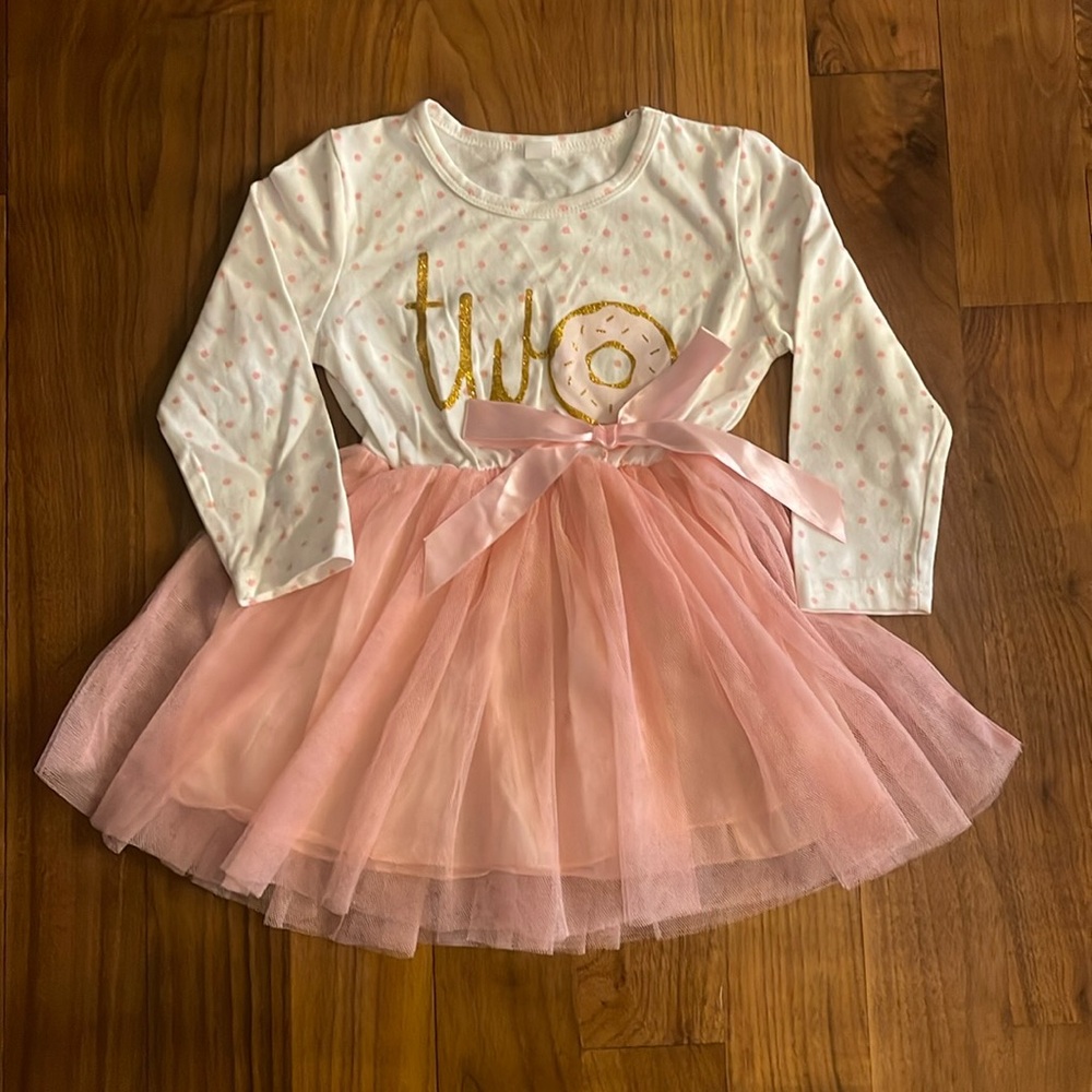 TWO year old Princess Pink tulle bowknot dress -“two” in gold glitter